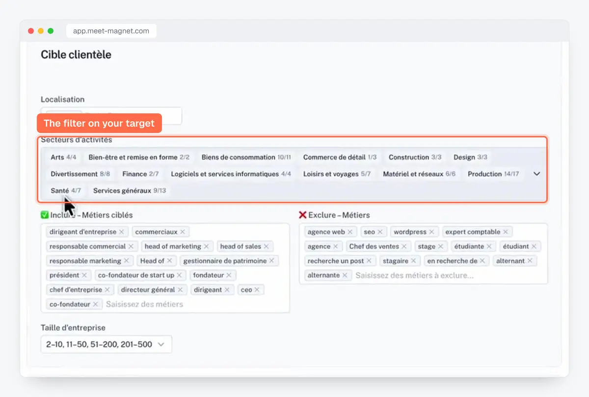 MeetMagnet app screenshot: targeting by industry, job title and company size before tracking buying signals