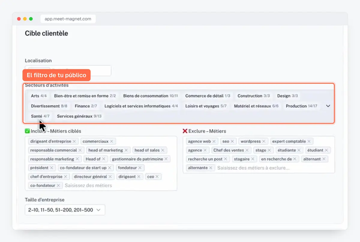 Captura de la app MeetMagnet: segmentación por sector, puesto y tamaño de empresa antes de seguir las señales de compra