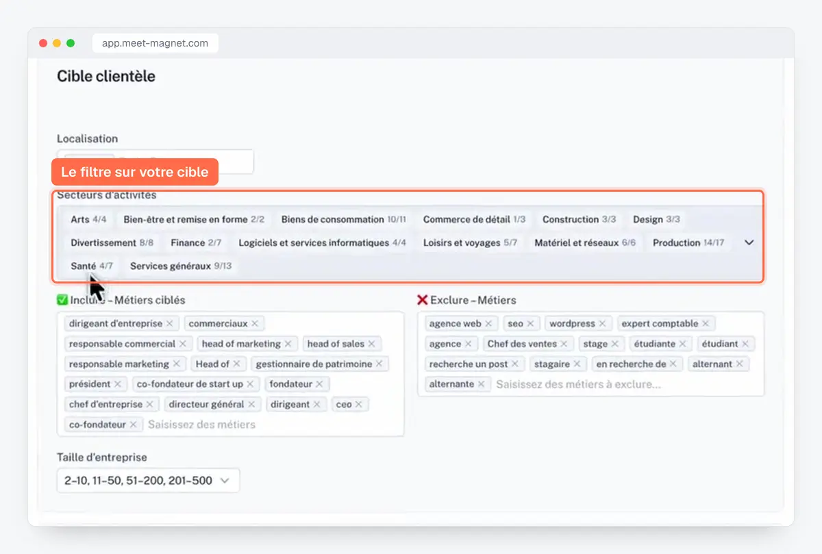 Capture de l'app MeetMagnet : ciblage par secteur, métier et taille d'entreprise avant de suivre les signaux d'achat