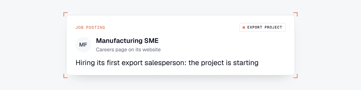 Example of a buying signal outside LinkedIn: a job posting on a careers page reveals an export project
