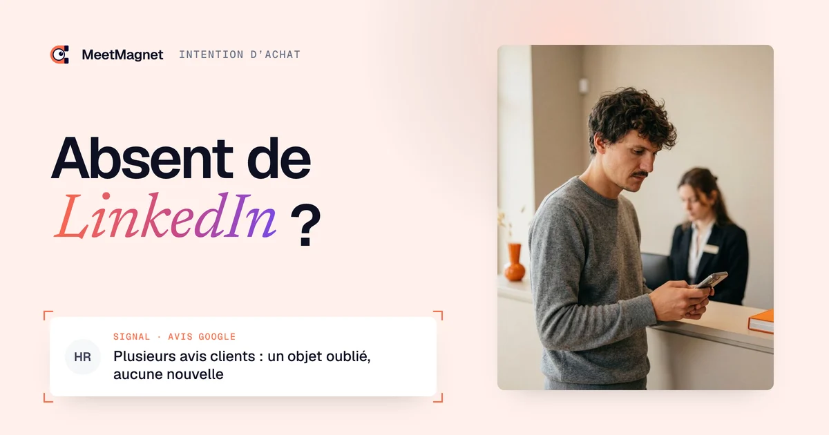 Etienne Douillard, fondateur de MeetMagnet, à son ordinateur, et une intention d'achat B2B repérée dans des avis Google