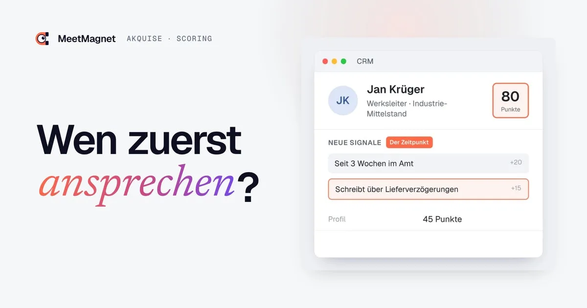 Beispiel eines Interessentenprofils mit 80 Punkten: Stellenantritt und Beitrag treiben den Score