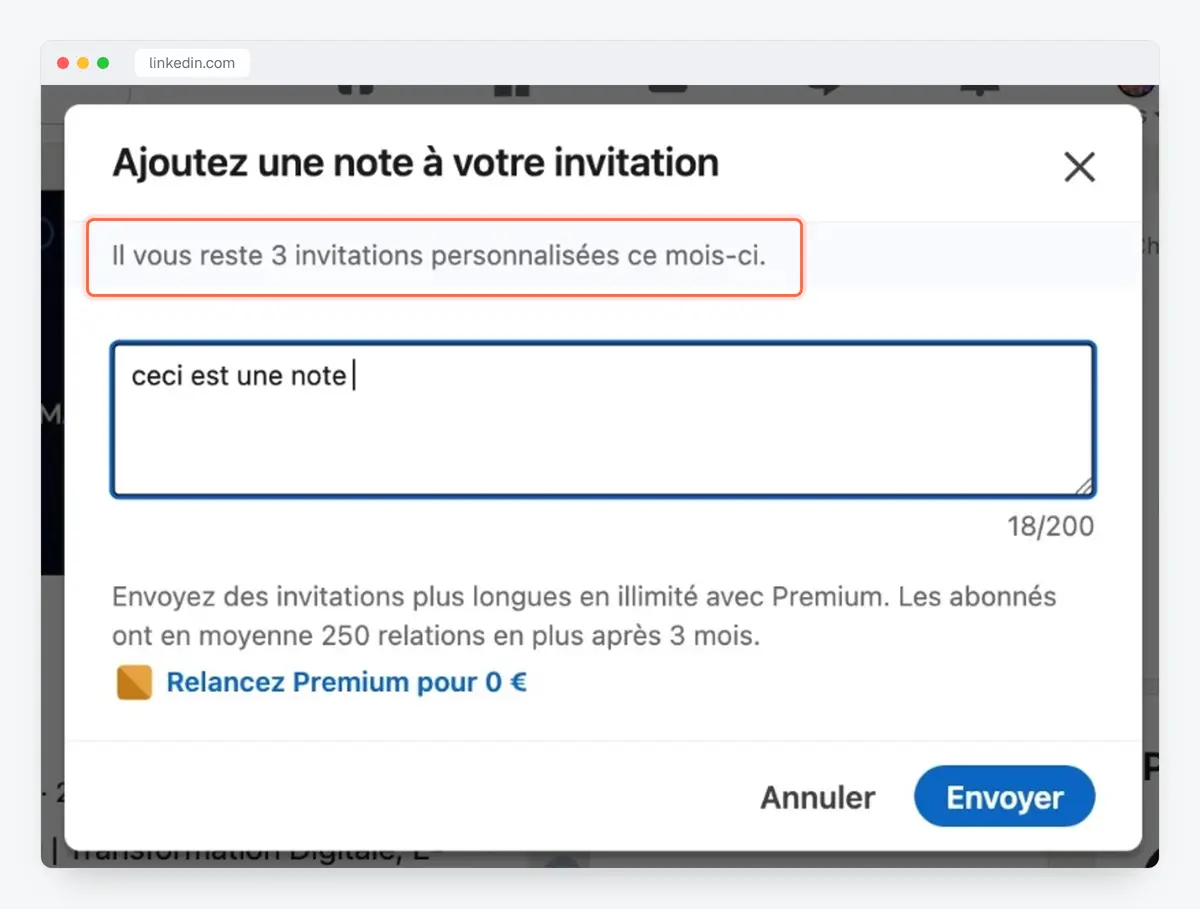 Finestra della nota di LinkedIn (in francese): restano 3 inviti personalizzati questo mese, 200 caratteri
