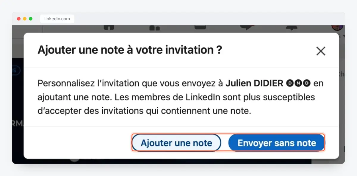 Fenêtre LinkedIn « Ajouter une note à votre invitation ? » : choisir entre ajouter une note ou envoyer sans note