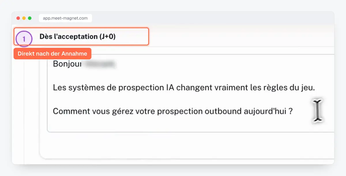 Screenshot der MeetMagnet-App: erste Akquise-Nachricht, sobald die LinkedIn-Einladung angenommen ist