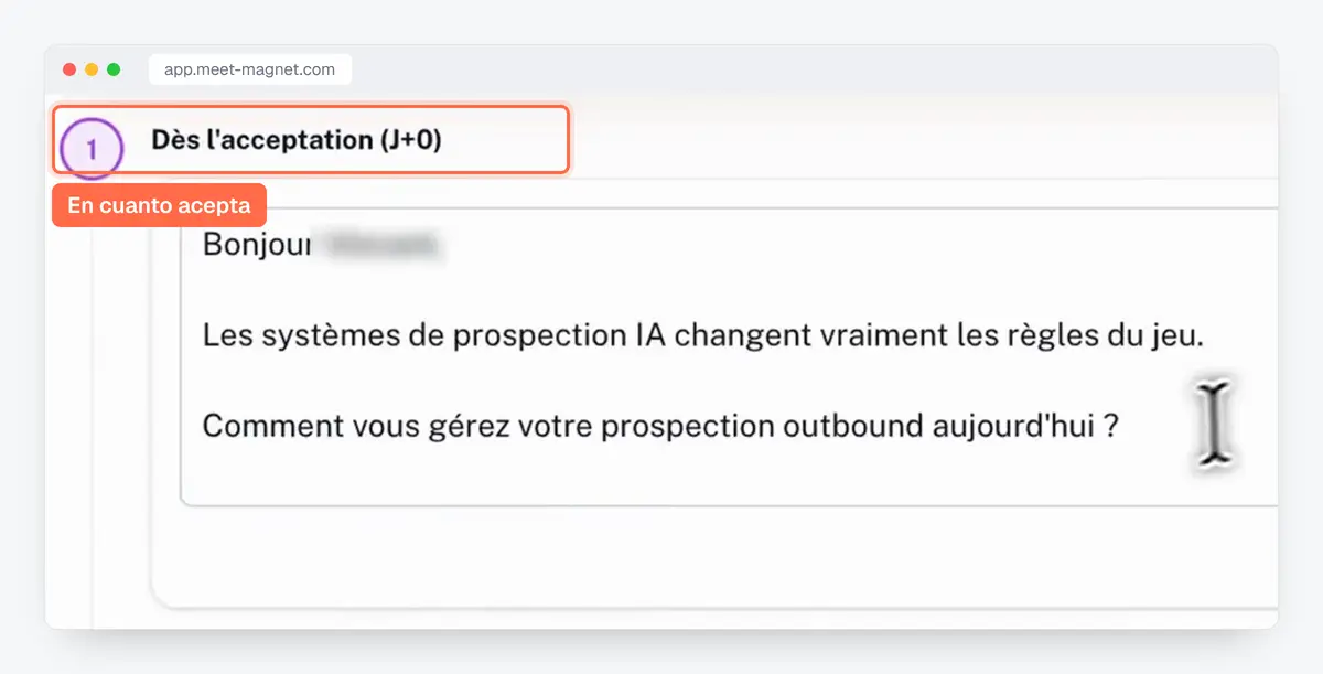 Captura de la app MeetMagnet: primer mensaje de prospección enviado al aceptar la invitación de LinkedIn