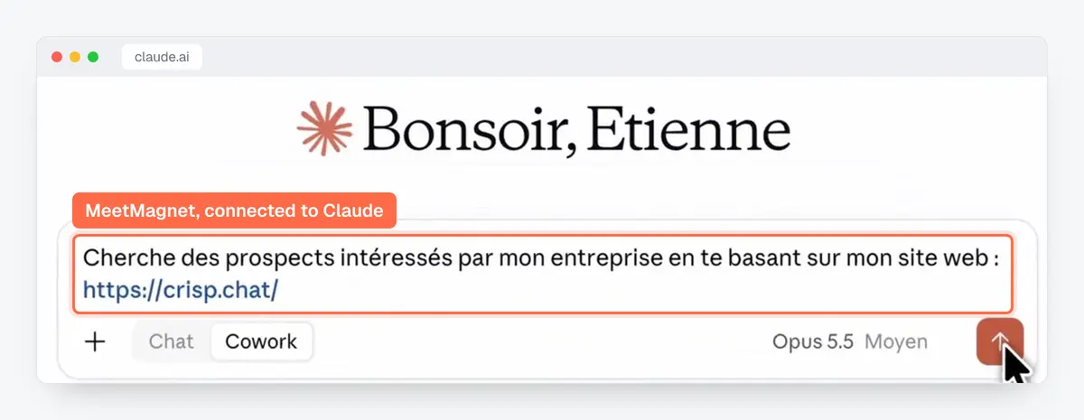 Screenshot of Claude connected to MeetMagnet: asking for interested prospects based on a website