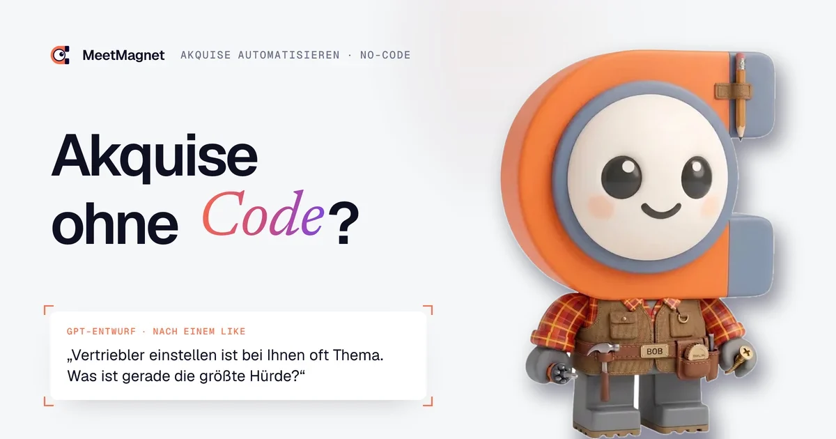 Bob, das Heimwerker-Maskottchen von MeetMagnet, mit Werkzeuggürtel für eine Akquise-Maschine ohne Code