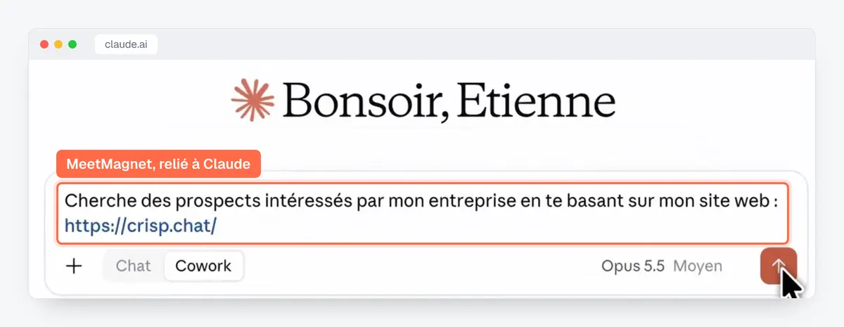 Capture de Claude relié à MeetMagnet : demande de prospects intéressés à partir de son site web