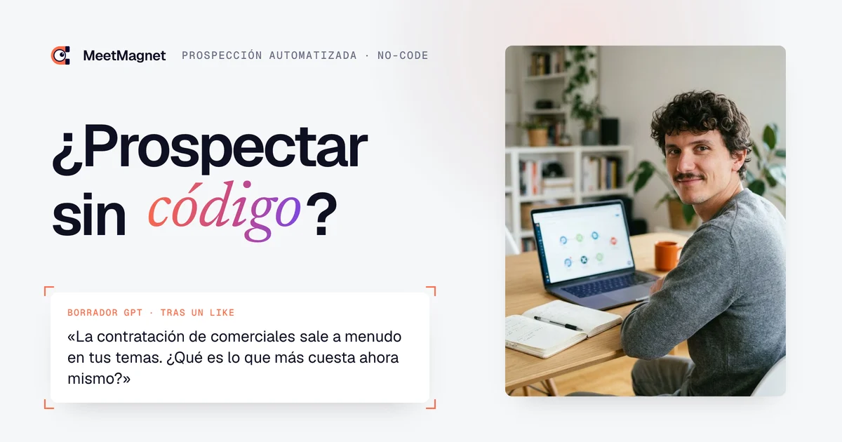 Etienne Douillard, fundador de MeetMagnet, ante su ordenador, junto a un mensaje de prospección automatizada escrito por IA