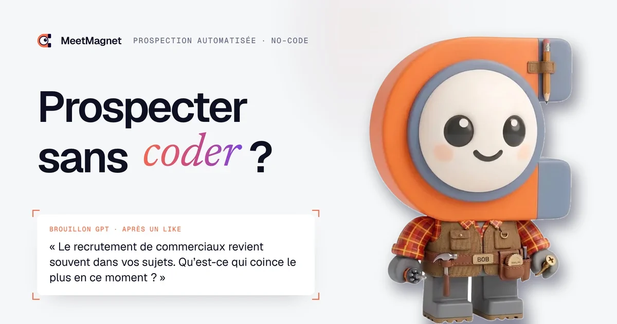 Bob, la mascotte bricoleuse de MeetMagnet, outils à la ceinture pour monter une machine de prospection sans code