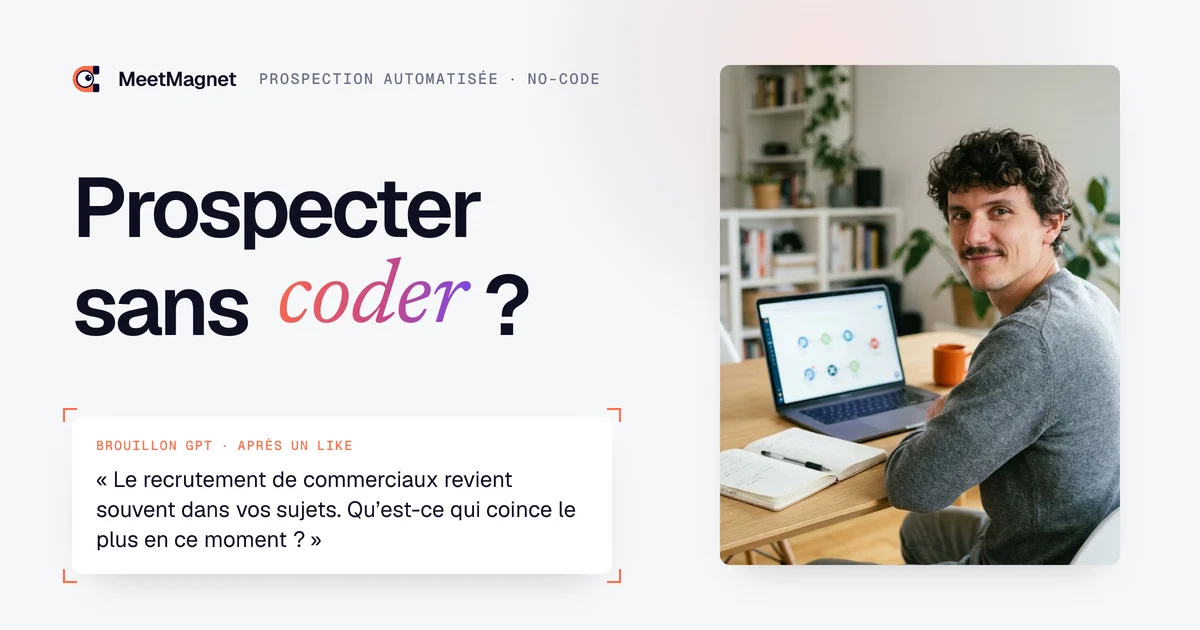 Etienne Douillard, fondateur de MeetMagnet, à son ordinateur, et un message de prospection automatisée écrit par l'IA
