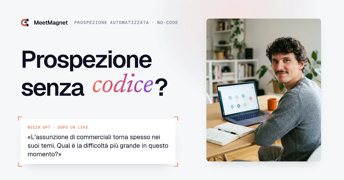 Etienne Douillard, fondatore di MeetMagnet, al computer, accanto a un messaggio di prospezione automatizzata scritto dall'IA