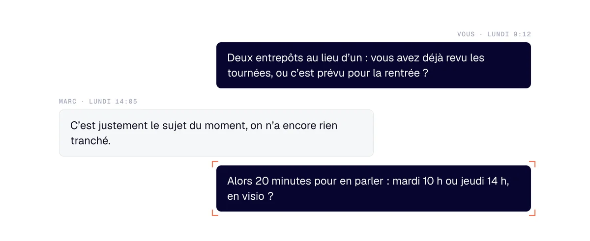 Demande de rendez-vous en deux temps : une question sur le signal, la réponse du prospect, puis deux créneaux proposés