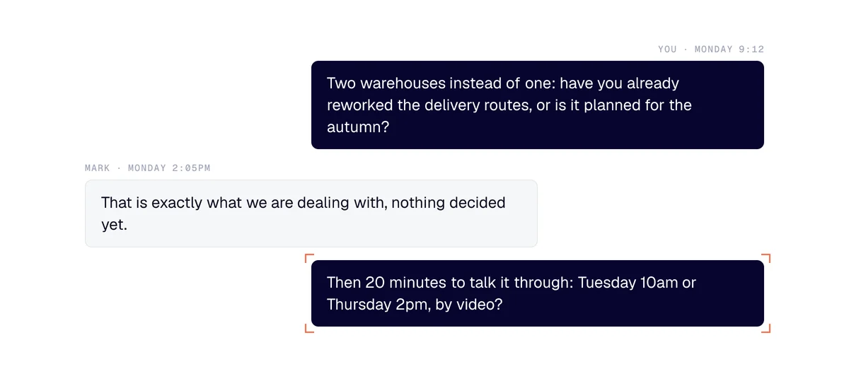 A meeting request in two steps: a question about the signal, the prospect replies, then two time slots are suggested