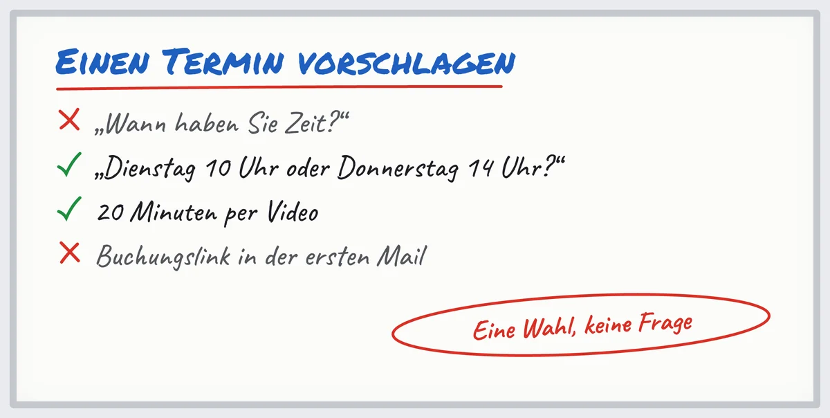 Whiteboard: In der Terminanfrage per E-Mail zwei konkrete Zeitfenster statt einer offenen Frage vorschlagen