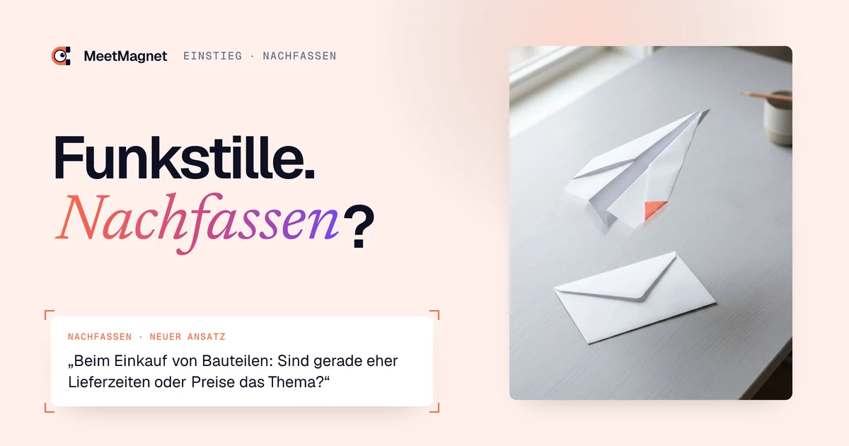 Ein Papierflieger hebt über einem unbeantworteten Umschlag ab: die Nachfass-E-Mail an einen Interessenten, mit neuem Ansatz