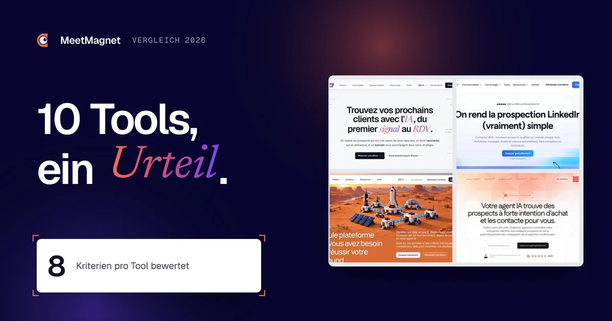 Die Startseiten von MeetMagnet, Waalaxy, lemlist und Gojiberry, vier der 10 verglichenen Akquise-Tools