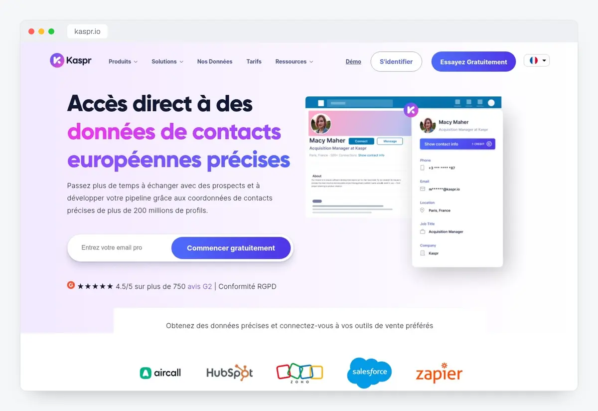 Capture de la page d'accueil de Kaspr (kaspr.io), relevée le 15 octobre 2026