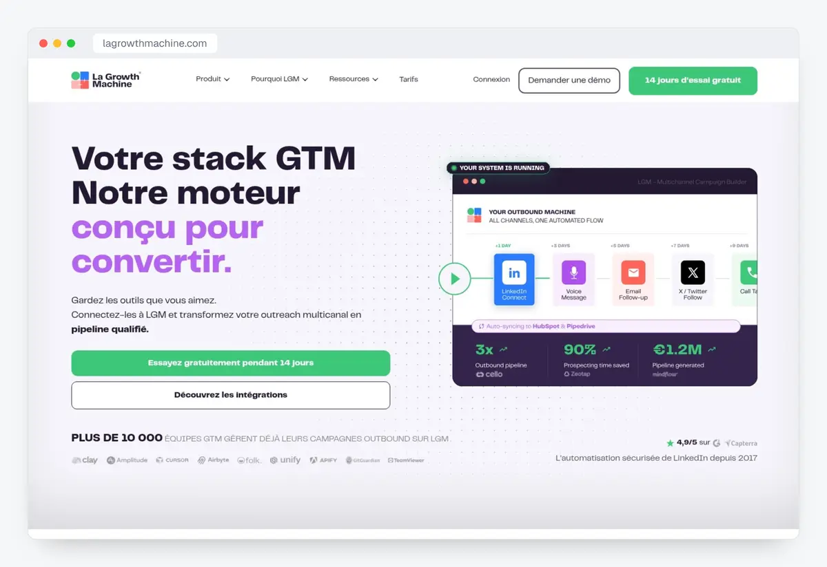 Screenshot of the La Growth Machine homepage (lagrowthmachine.com), taken on 15 October 2026