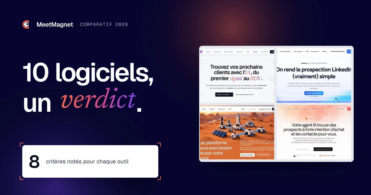 Les pages d'accueil de MeetMagnet, Waalaxy, lemlist et Gojiberry, quatre des 10 logiciels de prospection comparés