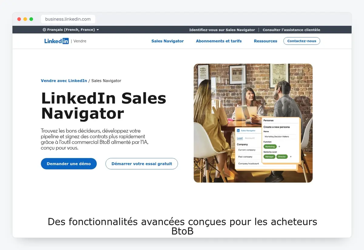 Screenshot of the LinkedIn Sales Navigator homepage (business.linkedin.com), taken on 15 October 2026