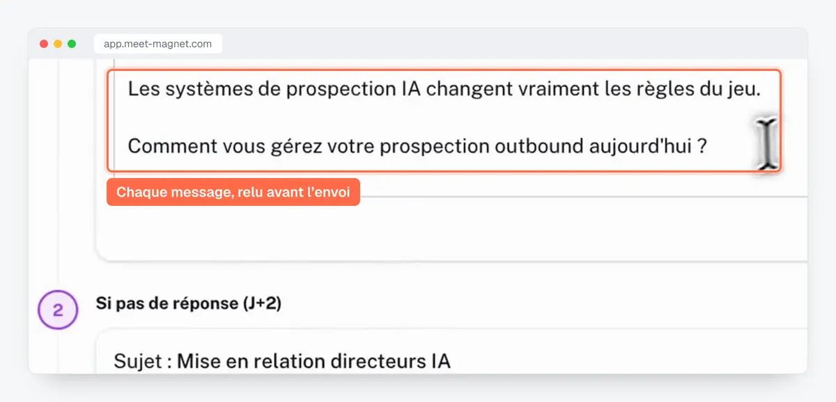 Capture de l'app MeetMagnet : la séquence de messages LinkedIn, premier message puis relance, à relire avant l'envoi