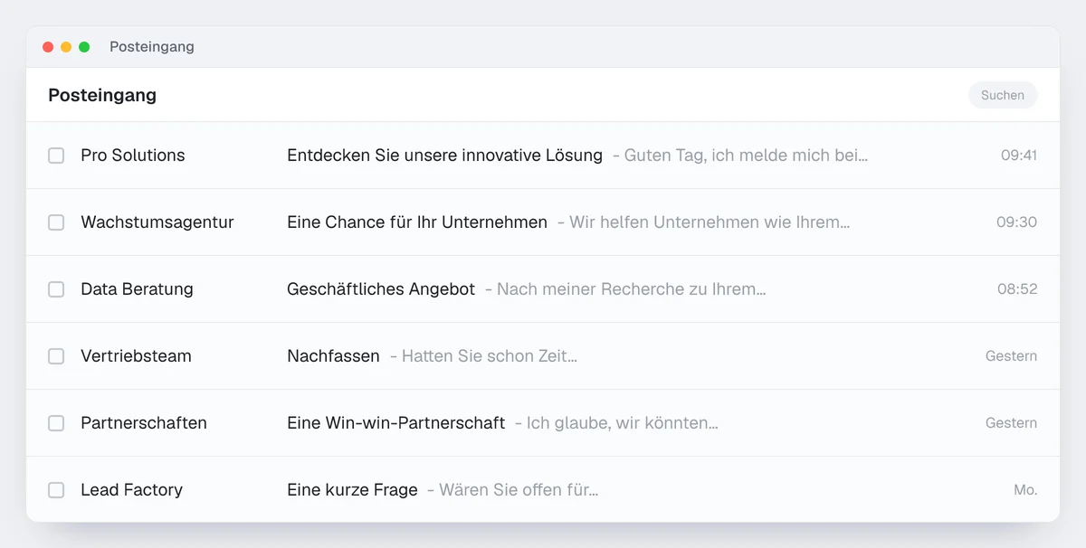 Beispiel eines vollen Posteingangs: sechs Akquise-Mails mit allgemeinen Betreffzeilen, die alle gleich aussehen