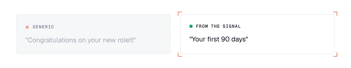 Cold email subject line after a new role: generic congratulations next to a subject line taken from the signal