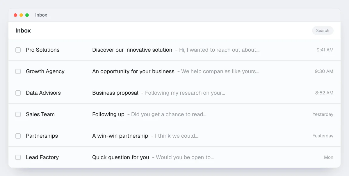 Example of a crowded inbox: six sales emails with generic subject lines that all look alike