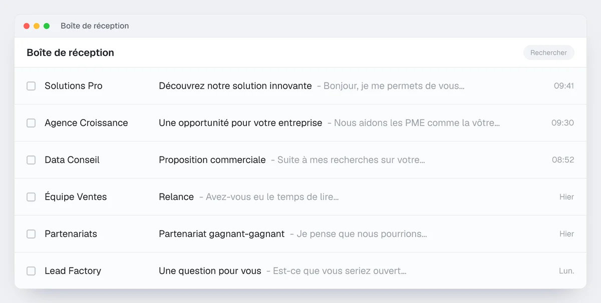 Exemple de boîte de réception saturée : six mails de prospection aux objets génériques qui se ressemblent tous