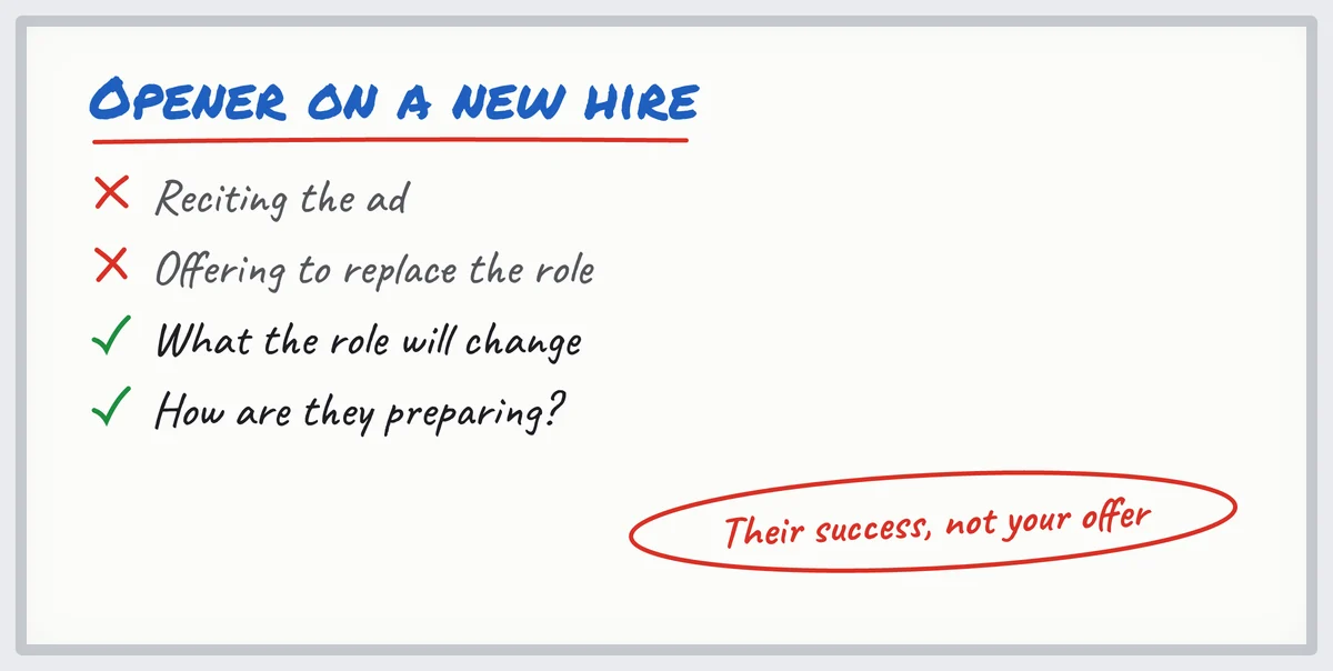 Whiteboard: opener on a job posting, do not recite the ad, talk about what the new role will change