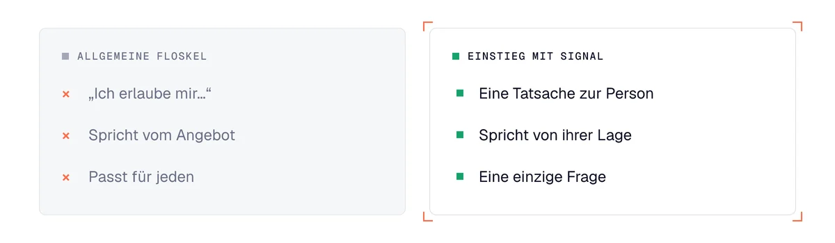 Vergleich zwischen einer allgemeinen Floskel und einem Einstiegssatz, der auf einem Kaufsignal aufbaut