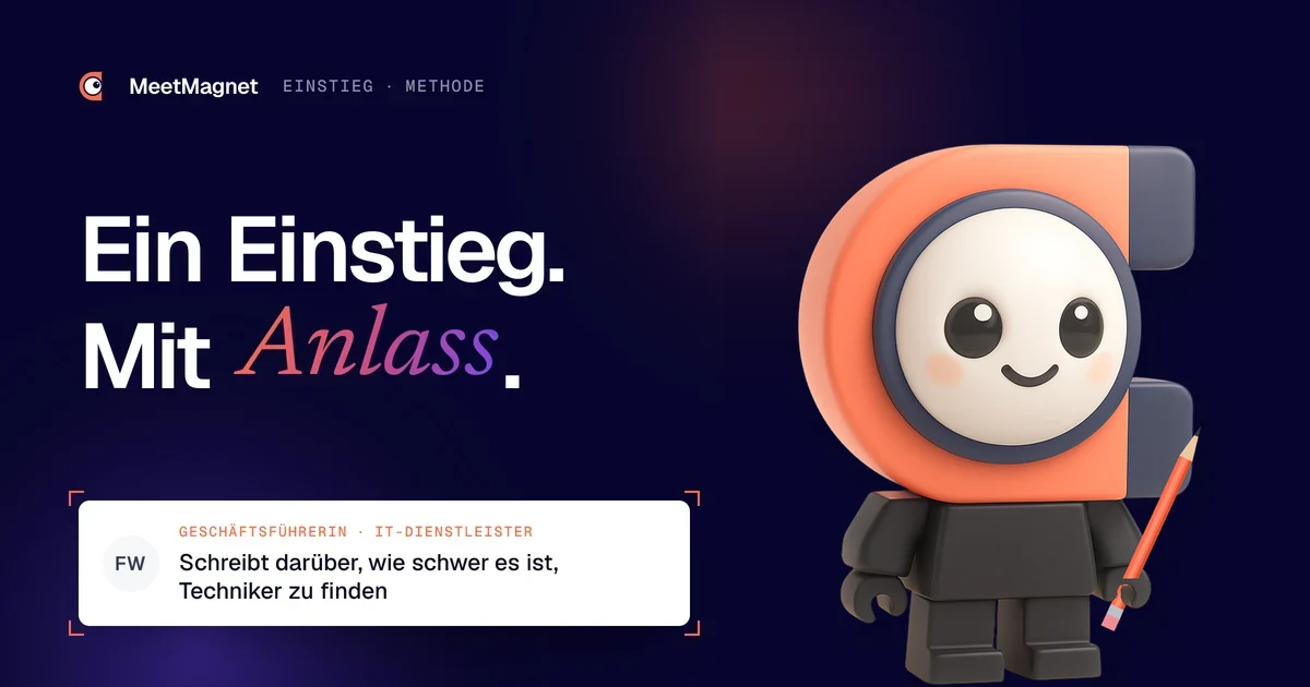 Das MeetMagnet-Maskottchen mit Lego-Körper und Bleistift, bereit, einen Einstiegssatz zu einem Fakt zu schreiben