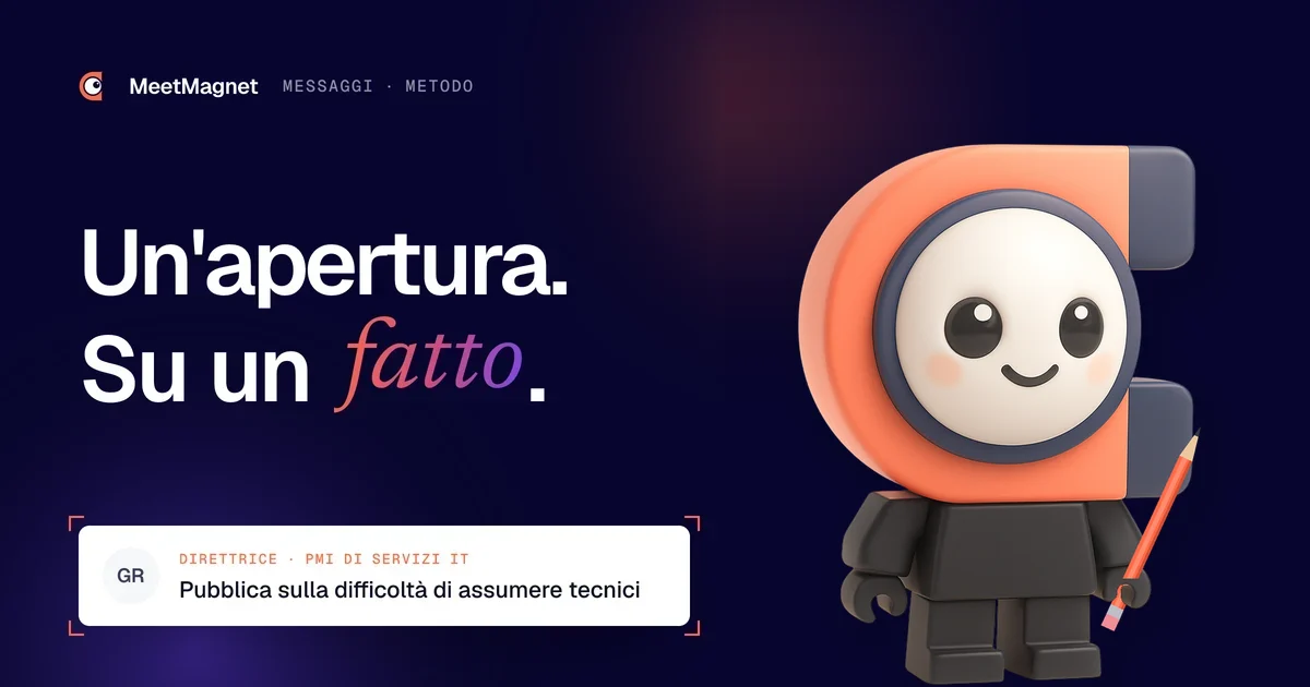 La mascotte di MeetMagnet con corpo da Lego, matita in mano, pronta a scrivere una frase d'apertura basata su un fatto