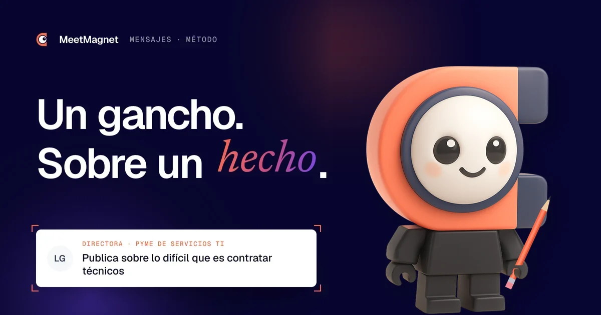 La mascota de MeetMagnet con cuerpo de Lego, lápiz en mano, lista para escribir un gancho basado en un hecho