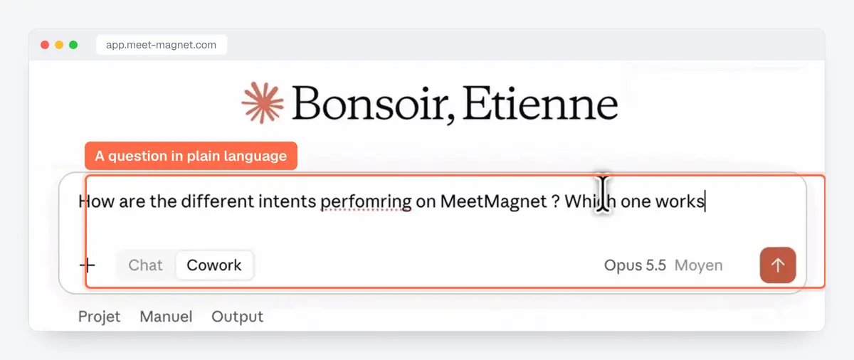 Screenshot: a question asked to MeetMagnet in plain language from Claude, through the MCP connector