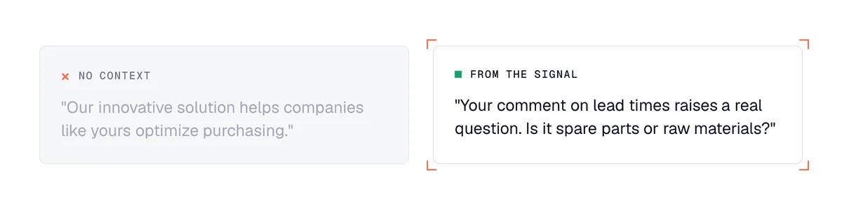 AI prospecting opener without context next to an opener generated from the signal