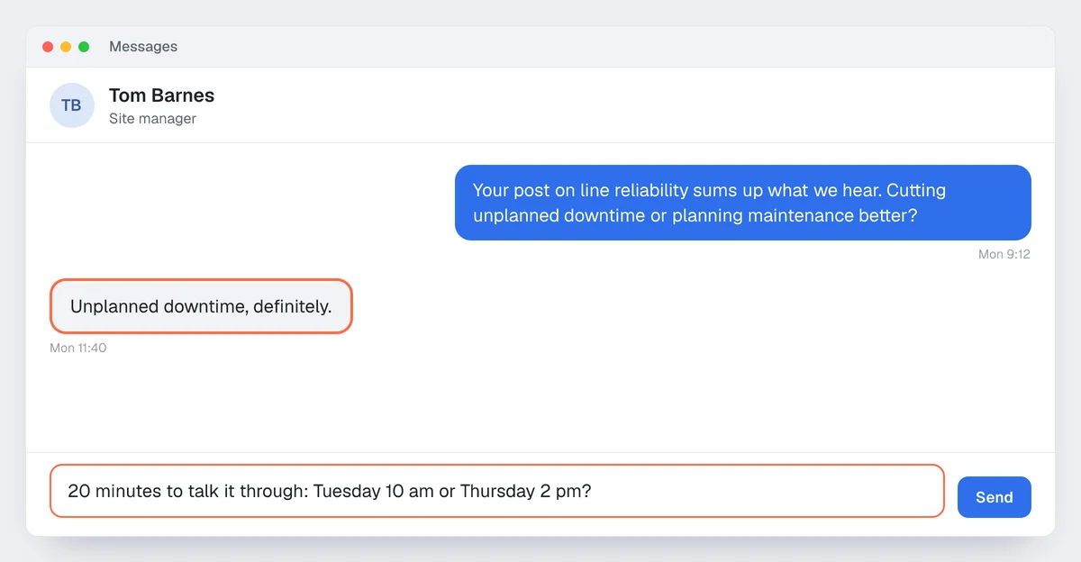 Example AI prospecting conversation: the opener on the signal, the reply, then two time slots