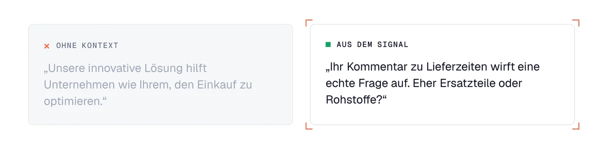 KI-Einstieg ohne Kontext neben einem Einstieg, der aus dem Signal entsteht