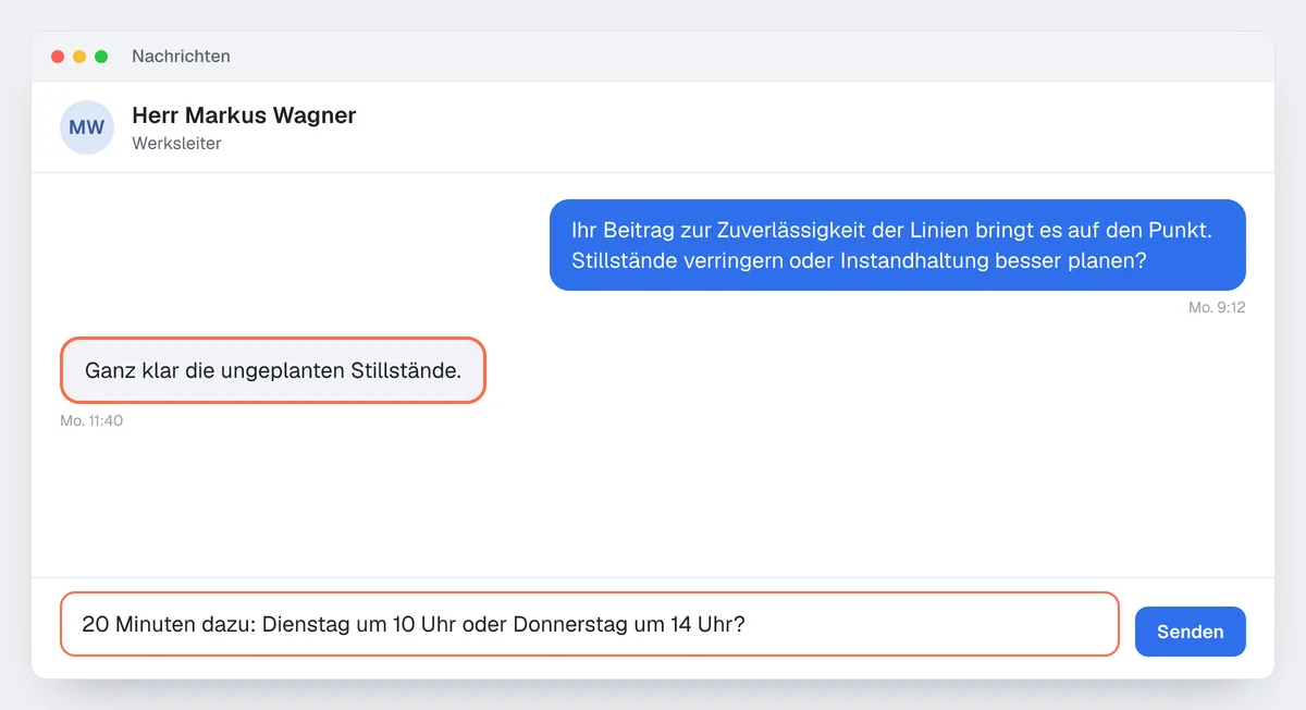 Beispiel eines KI-Akquise-Gesprächs: Einstieg über das Signal, Antwort, dann zwei Termine