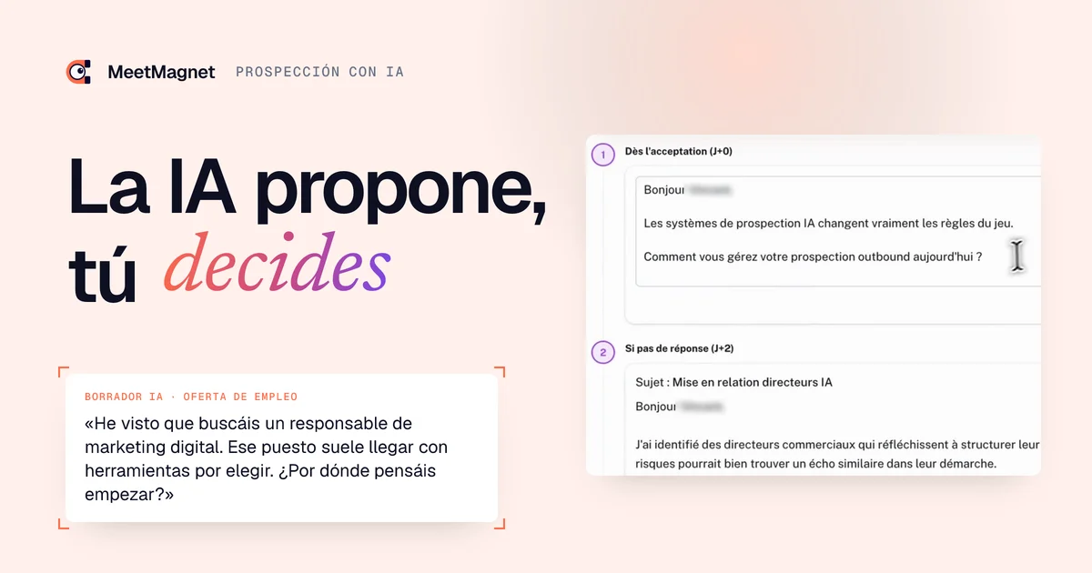 Captura de la app MeetMagnet: secuencia de mensajes de prospección escrita por la IA