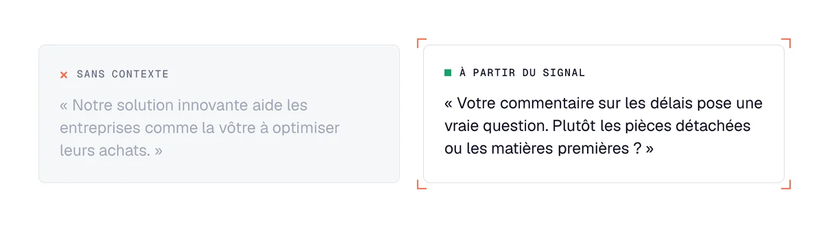 Accroche de prospection IA sans contexte face à une accroche générée à partir du signal