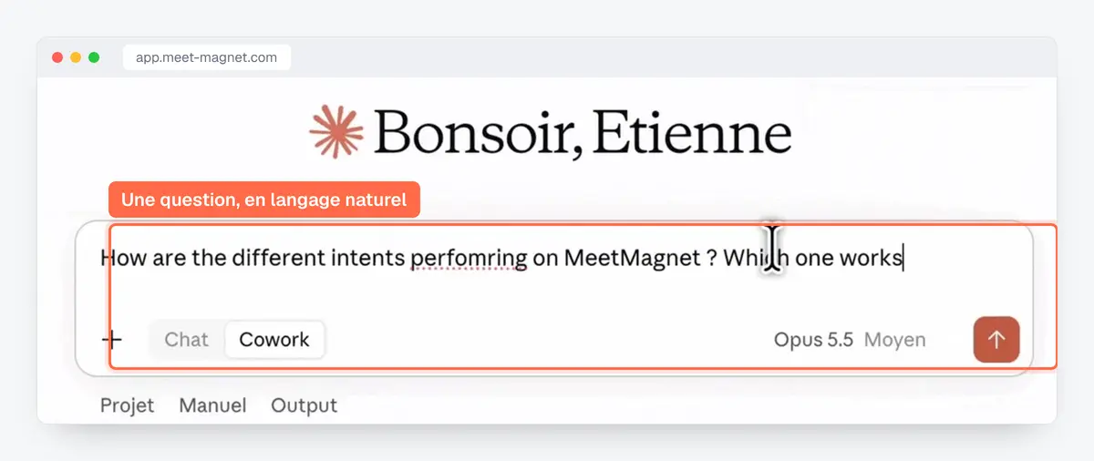 Capture : une question posée à MeetMagnet en langage naturel depuis Claude, grâce au connecteur MCP