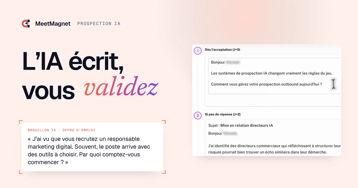 Capture de l’app MeetMagnet : séquence de messages de prospection écrite par l’IA