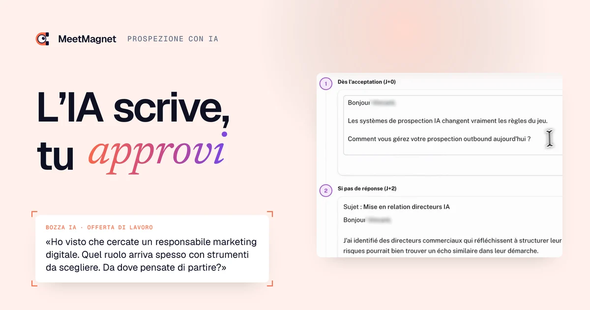 Screenshot dell’app MeetMagnet: sequenza di messaggi di prospezione scritta dall’IA