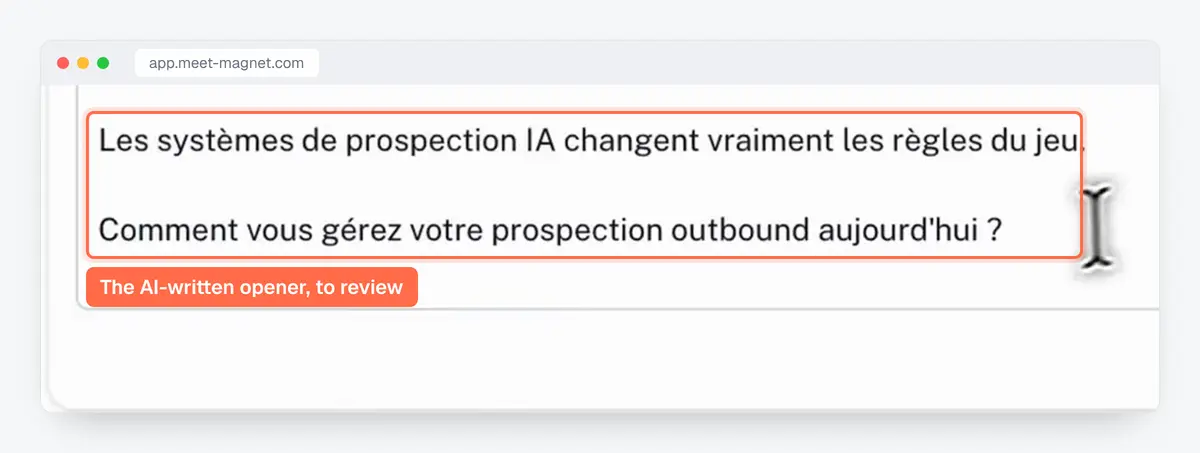 MeetMagnet app screenshot: the first message of a sequence, written by the AI and editable before sending