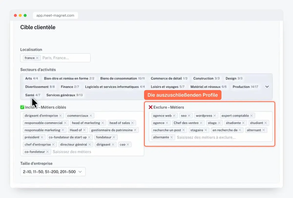 Screenshot der MeetMagnet-App: die Zielgruppe (Branchen, Positionen, Größe) und die auszuschließenden Positionen
