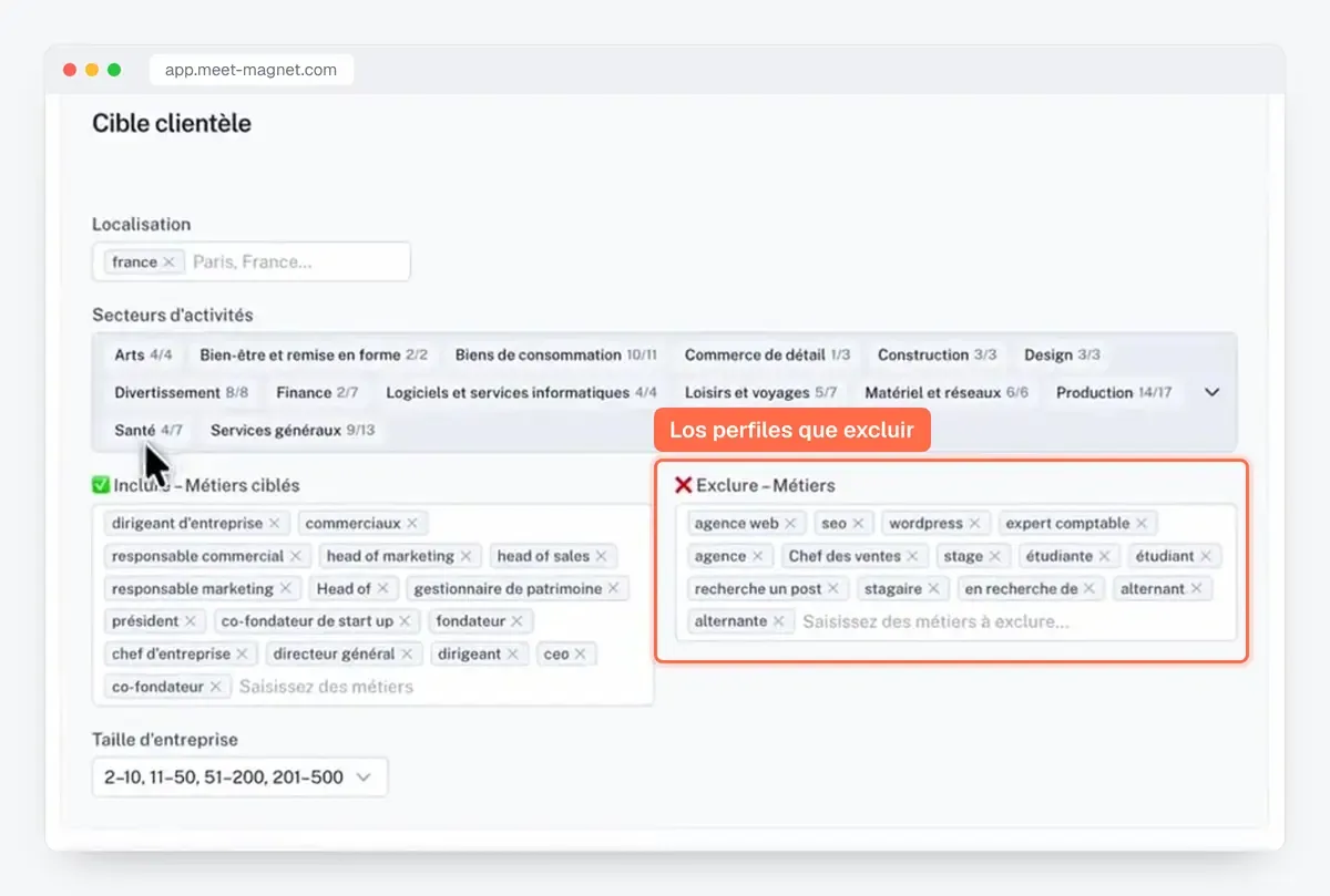 Captura de la app MeetMagnet: el público objetivo (sectores, puestos, tamaño) y los puestos que excluir