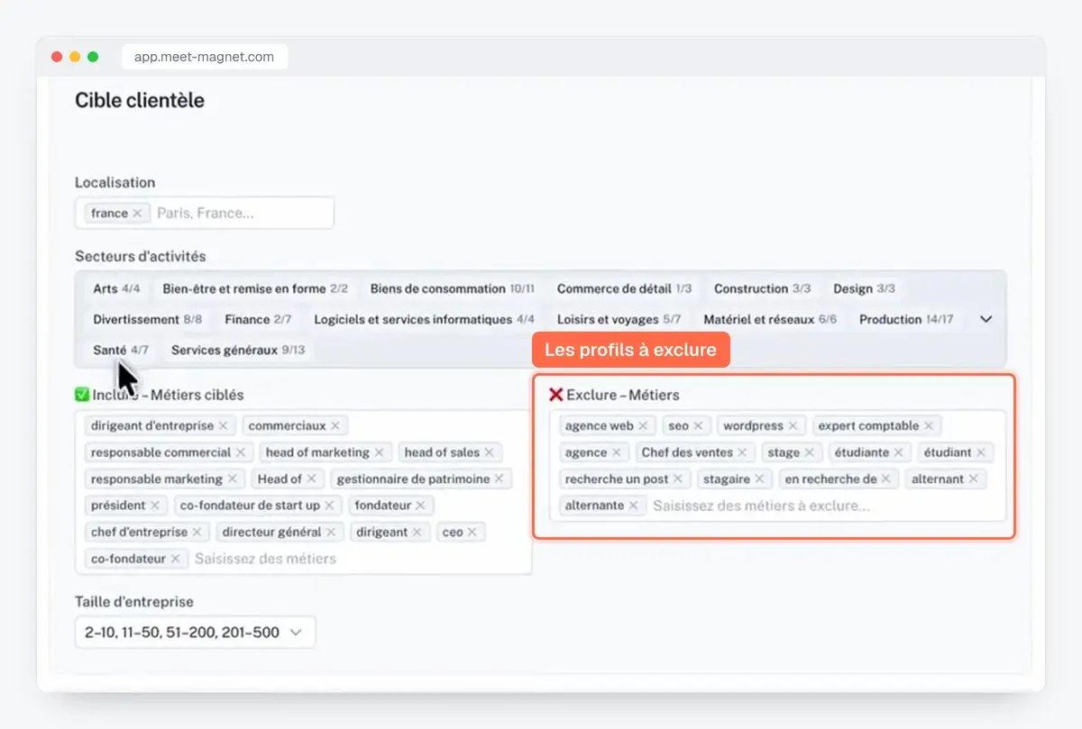 Capture de l'app MeetMagnet : la cible clientèle (secteurs, métiers, taille) et les métiers à exclure